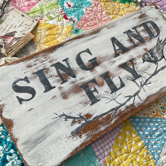 Sing and Fly Custom Blue and White Shabby Bird Wall Art Hanging by Dore Callaway - Picture 3 of 6